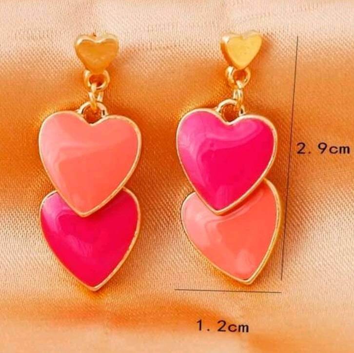 two tone pink double heart drop earrings