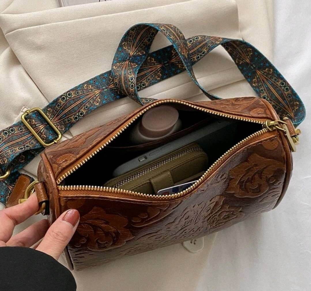 quirky luxury embossed leather brown shoulder bag 