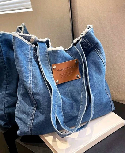 quirky frayed edge denim shoulder tote