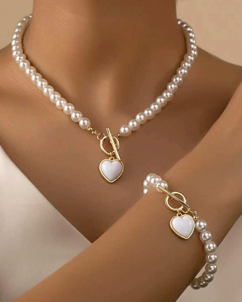 Jewellery Set - faux pearl silver necklace and bracelet