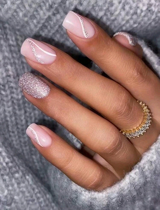 Nails - pink silver glitter